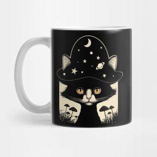 Cottagecore Aesthetic Cat Mushrooms, Moon, Stars Women Kids Mug